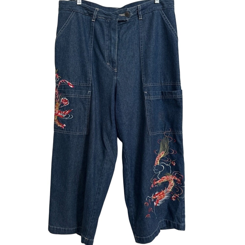 Vintage Y2K Dragon Embroidered Wide Leg Crop Jeans - Tencel Blend - Sz 12